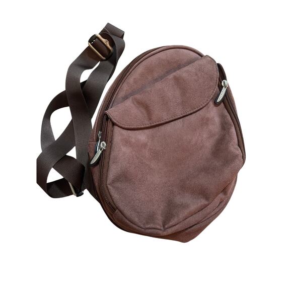 Travelon Microsuede Elliptical 2 Compartment Brown Sling Bag Safe Travel - Picture 1 of 8